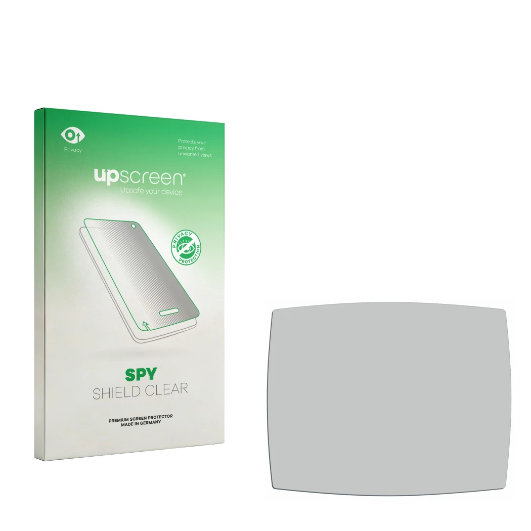 Parte frontal de un envase de producto con el logotipo de la marca upscreen. Al lado está el protector de pantalla correspondi
