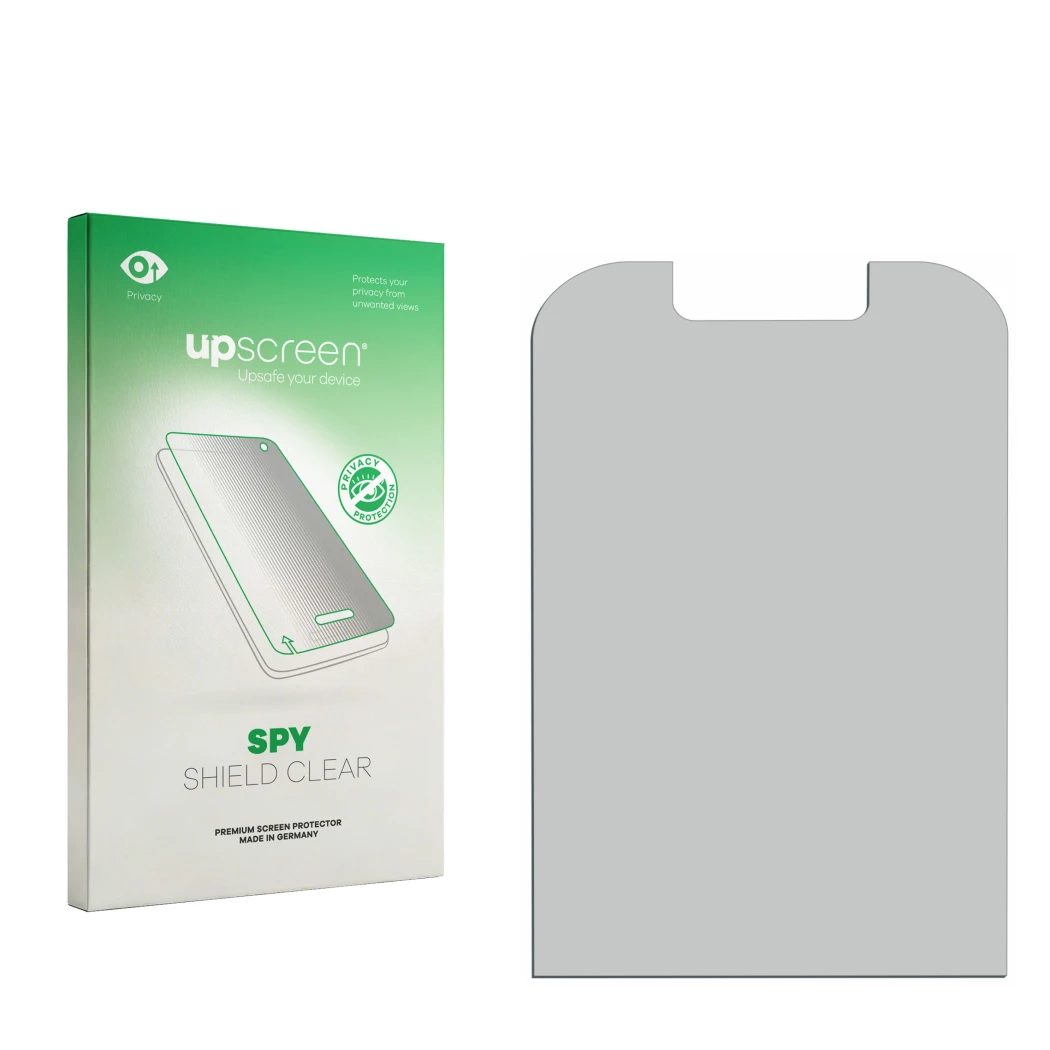 Parte frontal de un envase de producto con el logotipo de la marca upscreen. Al lado está el protector de pantalla correspondi