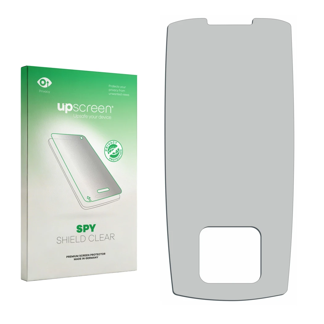 Parte frontal de un envase de producto con el logotipo de la marca upscreen. Al lado está el protector de pantalla correspondi