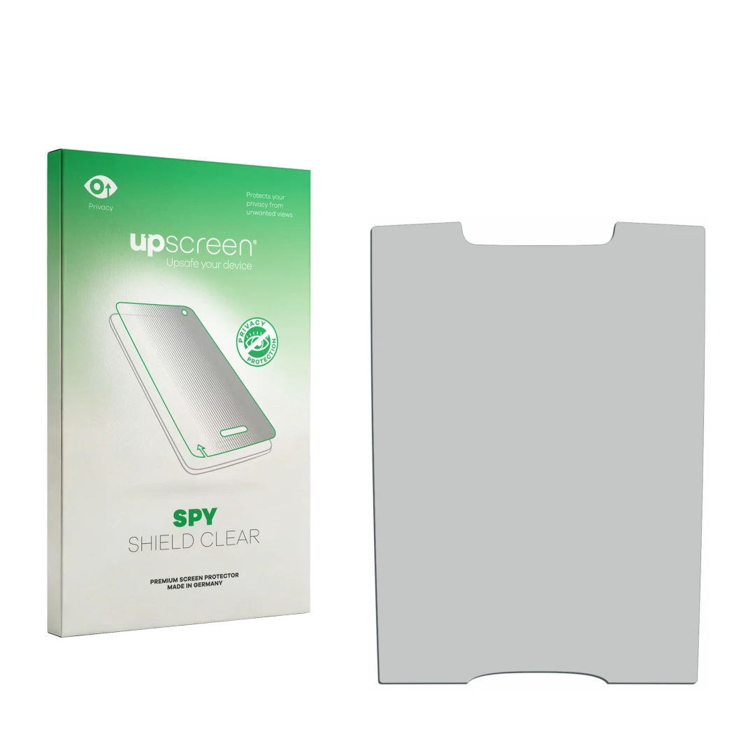 Parte frontal de un envase de producto con el logotipo de la marca upscreen. Al lado está el protector de pantalla correspondi