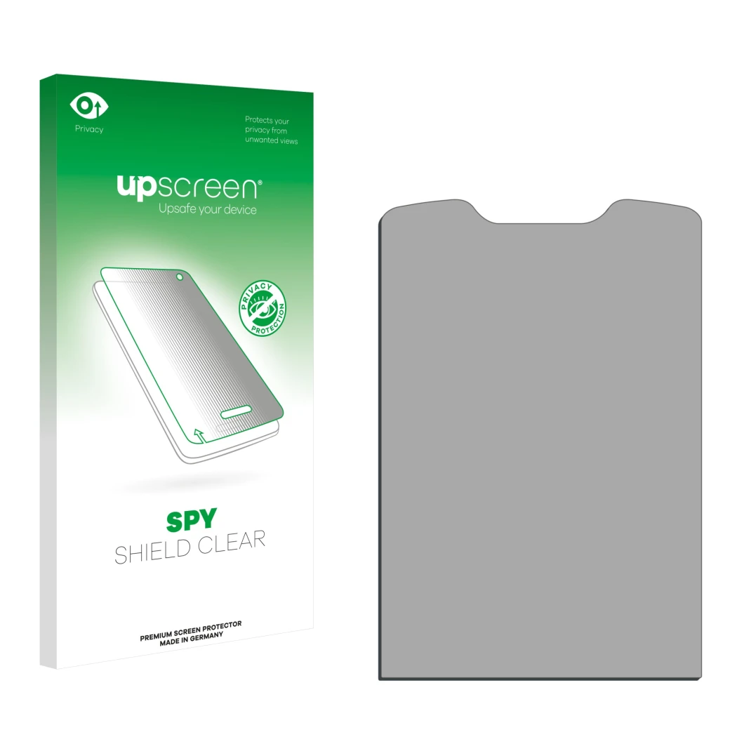 Parte frontal de un envase de producto con el logotipo de la marca upscreen. Al lado está el protector de pantalla correspondi