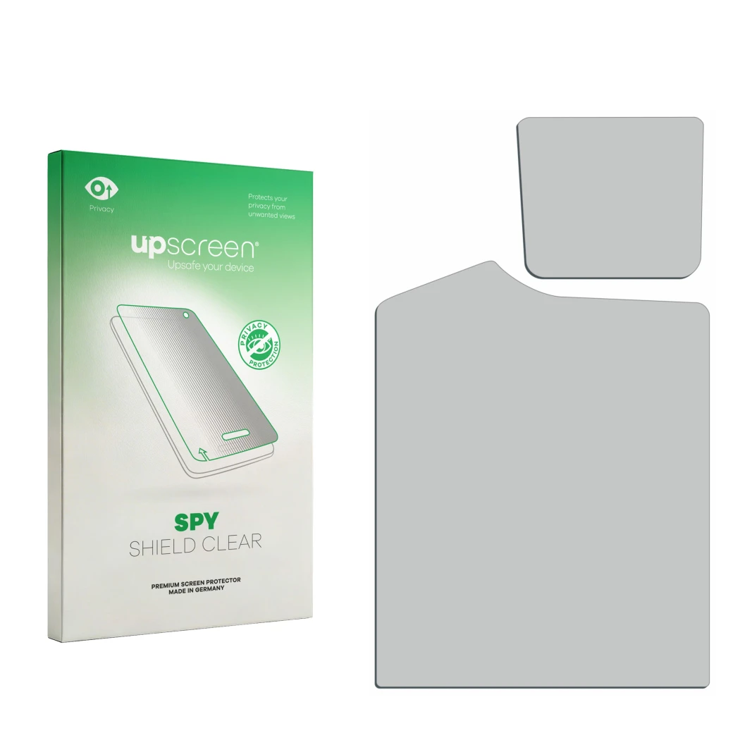 Parte frontal de un envase de producto con el logotipo de la marca upscreen. Al lado está el protector de pantalla correspondi