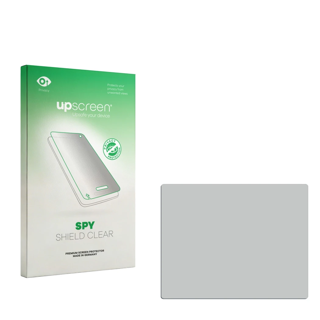 Parte frontal de un envase de producto con el logotipo de la marca upscreen. Al lado está el protector de pantalla correspondi