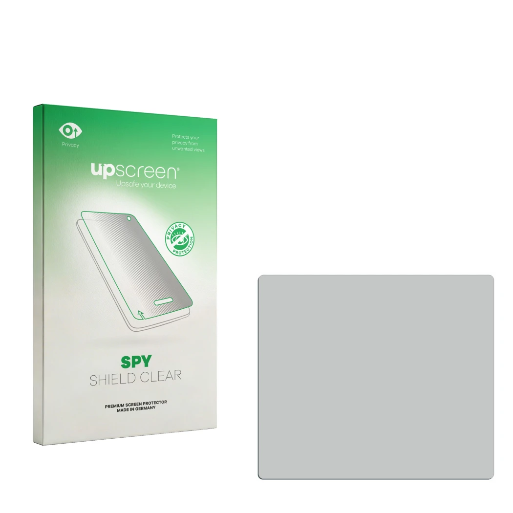 Parte frontal de un envase de producto con el logotipo de la marca upscreen. Al lado está el protector de pantalla correspondi