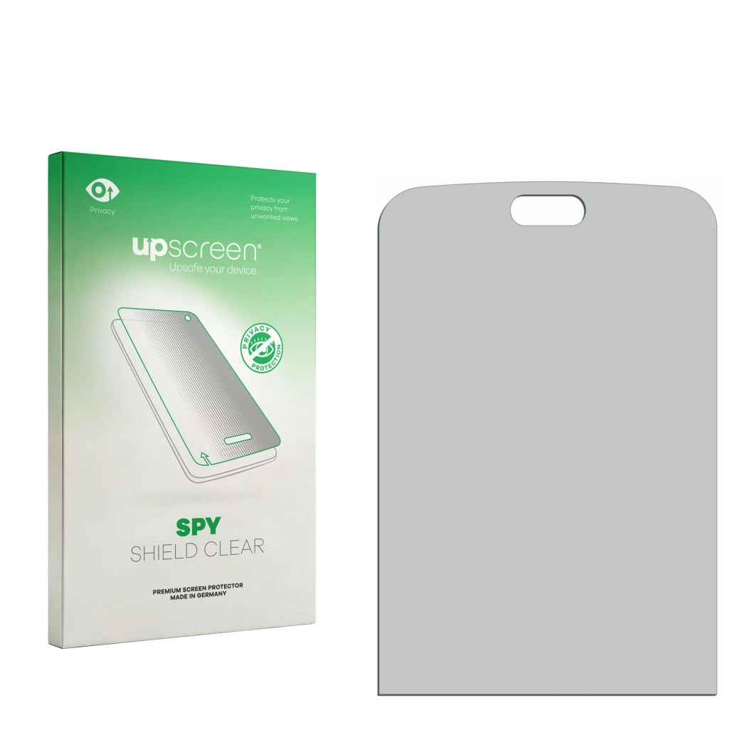 Parte frontal de un envase de producto con el logotipo de la marca upscreen. Al lado está el protector de pantalla correspondi