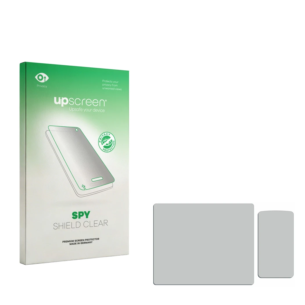 Parte frontal de un envase de producto con el logotipo de la marca upscreen. Al lado está el protector de pantalla correspondi