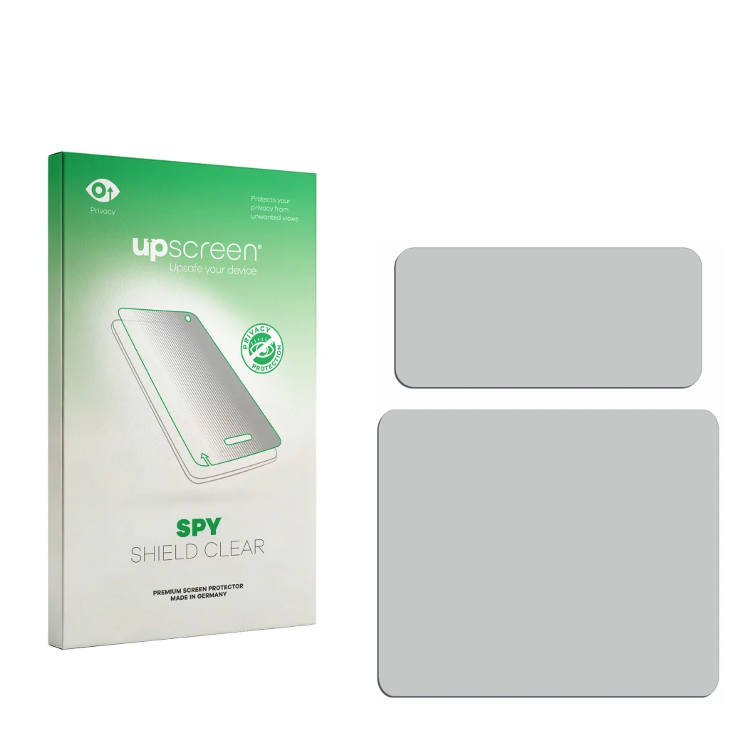 Parte frontal de un envase de producto con el logotipo de la marca upscreen. Al lado está el protector de pantalla correspondi