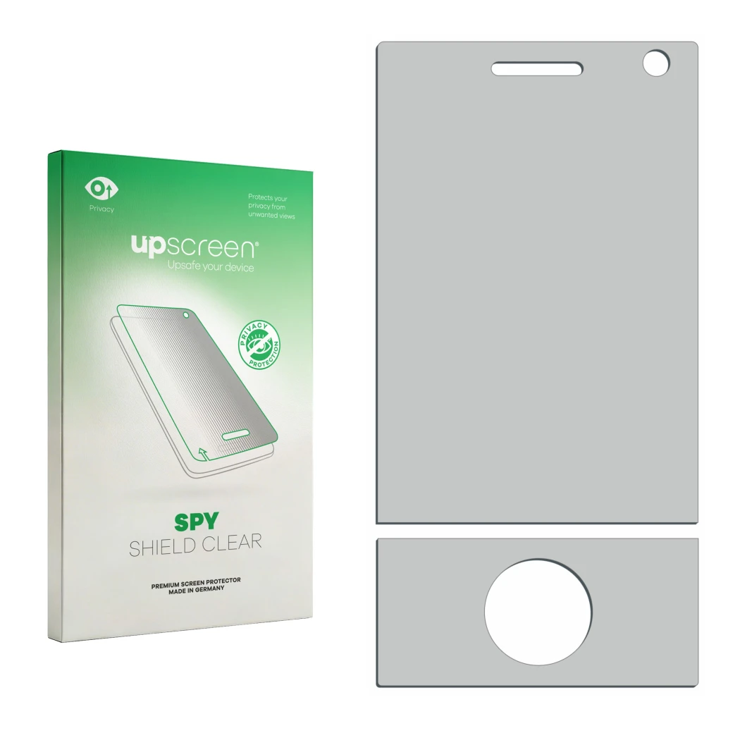 Parte frontal de un envase de producto con el logotipo de la marca upscreen. Al lado está el protector de pantalla correspondi