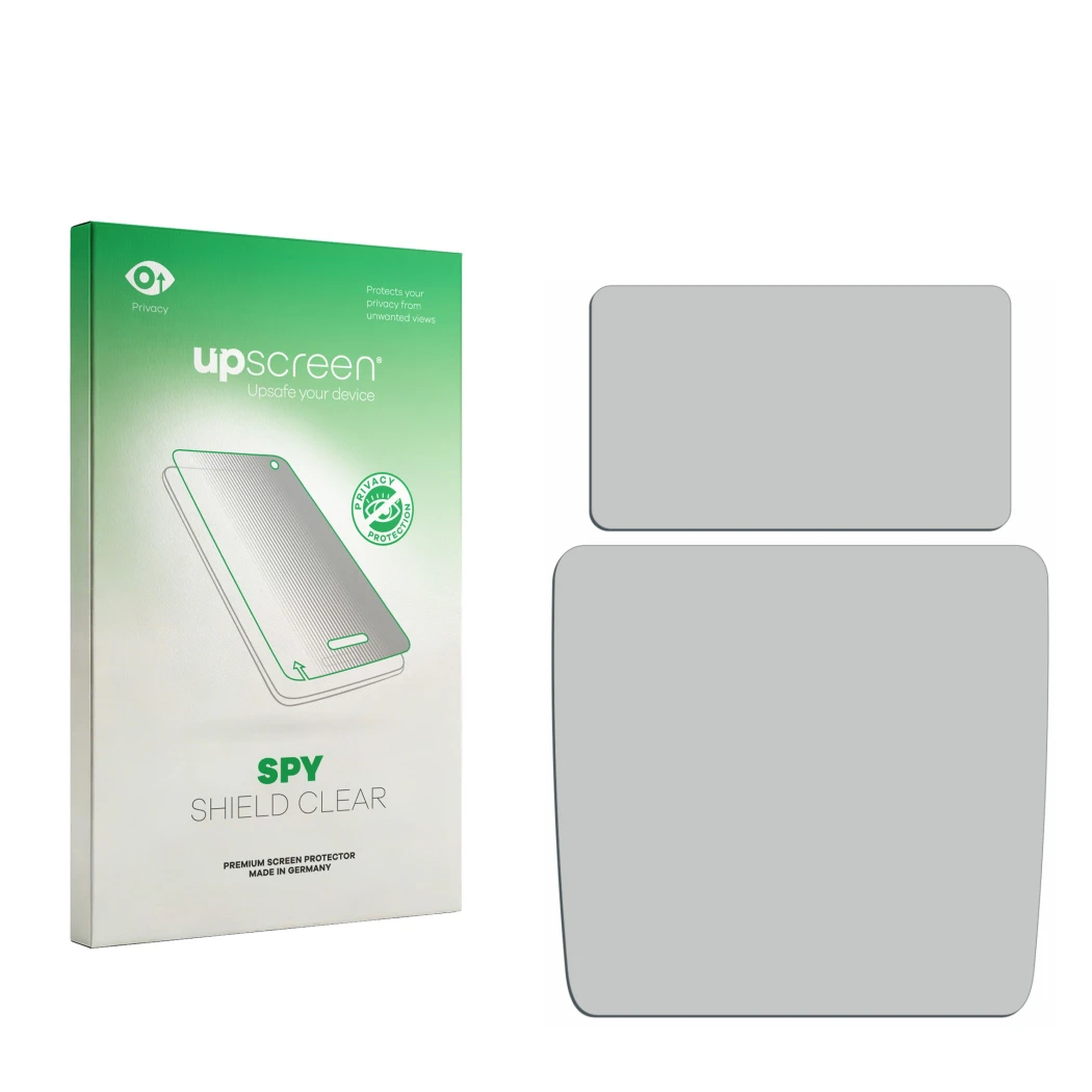 Parte frontal de un envase de producto con el logotipo de la marca upscreen. Al lado está el protector de pantalla correspondi