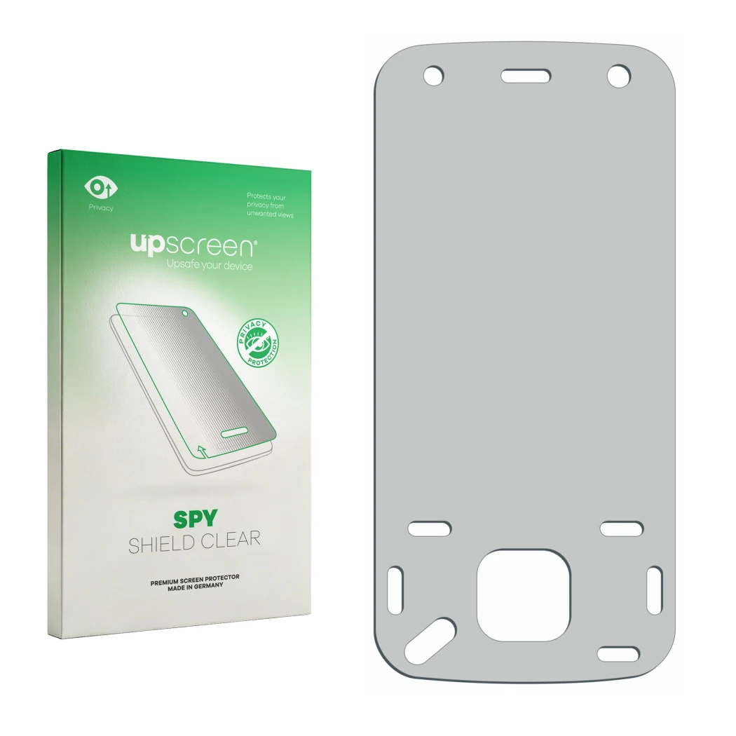 Parte frontal de un envase de producto con el logotipo de la marca upscreen. Al lado está el protector de pantalla correspondi