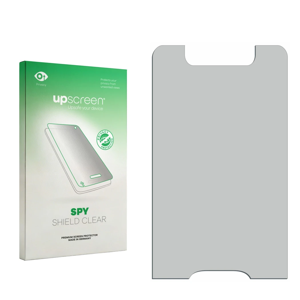 Parte frontal de un envase de producto con el logotipo de la marca upscreen. Al lado está el protector de pantalla correspondi