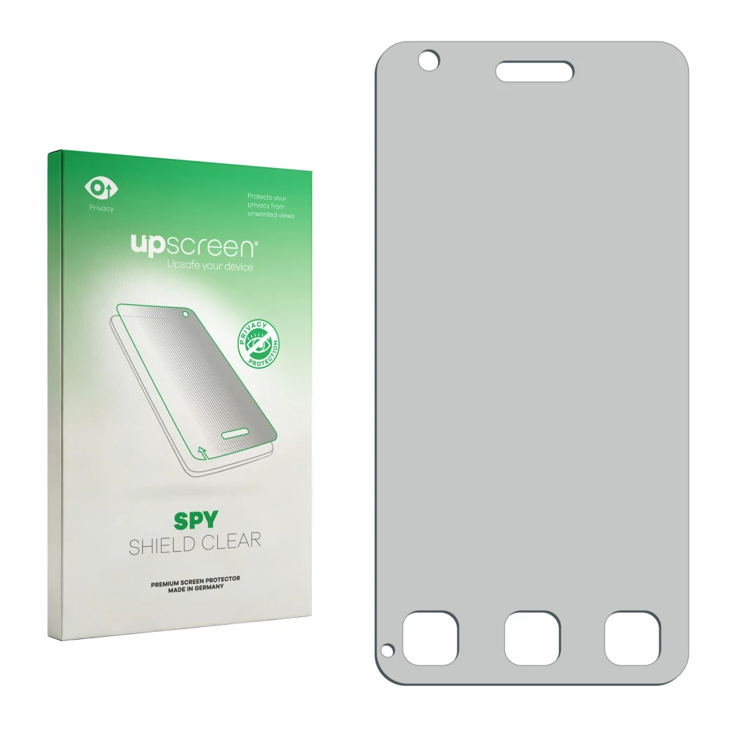 Parte frontal de un envase de producto con el logotipo de la marca upscreen. Al lado está el protector de pantalla correspondi
