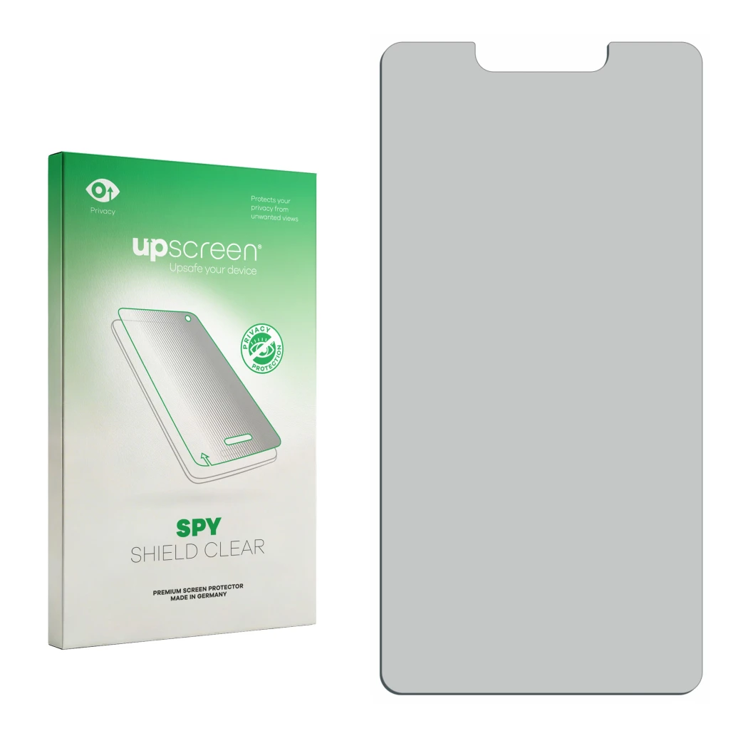 Parte frontal de un envase de producto con el logotipo de la marca upscreen. Al lado está el protector de pantalla correspondi