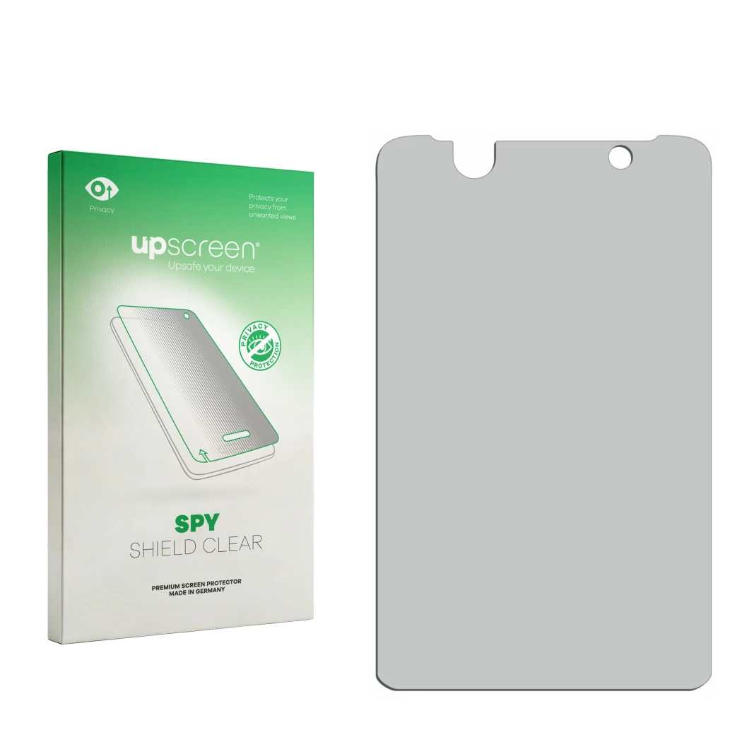 Parte frontal de un envase de producto con el logotipo de la marca upscreen. Al lado está el protector de pantalla correspondi