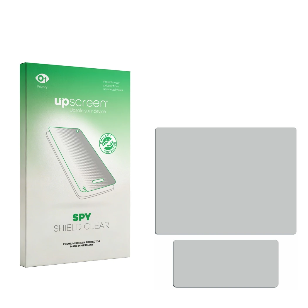 Parte frontal de un envase de producto con el logotipo de la marca upscreen. Al lado está el protector de pantalla correspondi