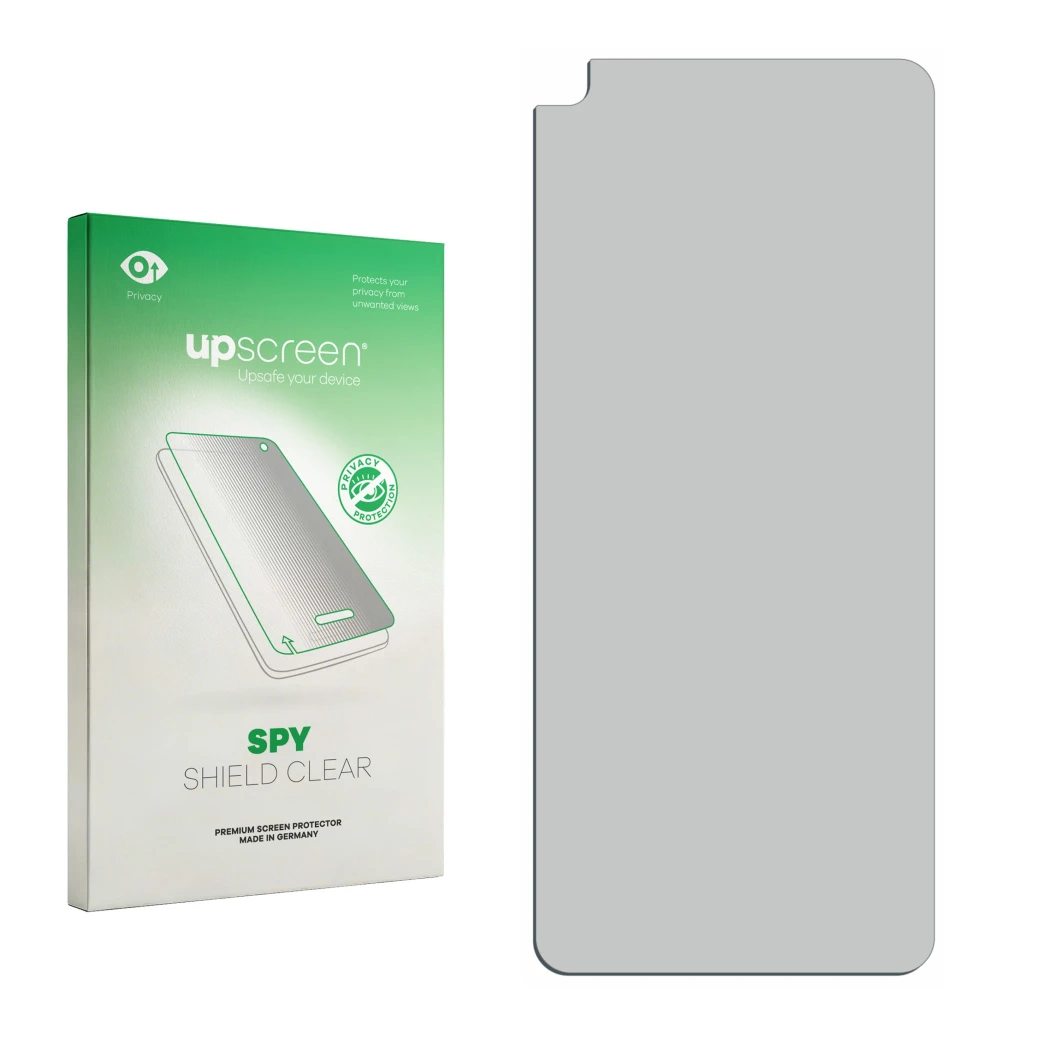 Parte frontal de un envase de producto con el logotipo de la marca upscreen. Al lado está el protector de pantalla correspondi