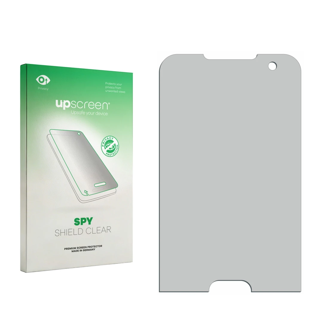 Parte frontal de un envase de producto con el logotipo de la marca upscreen. Al lado está el protector de pantalla correspondi
