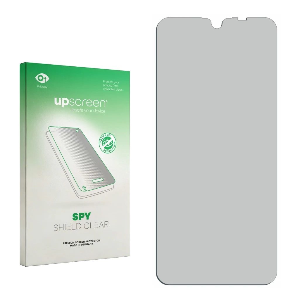Parte frontal de un envase de producto con el logotipo de la marca upscreen. Al lado está el protector de pantalla correspondi