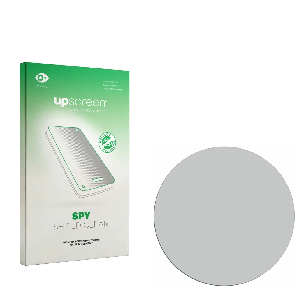 Parte frontal de un envase de producto con el logotipo de la marca upscreen. Al lado está el protector de pantalla correspondi