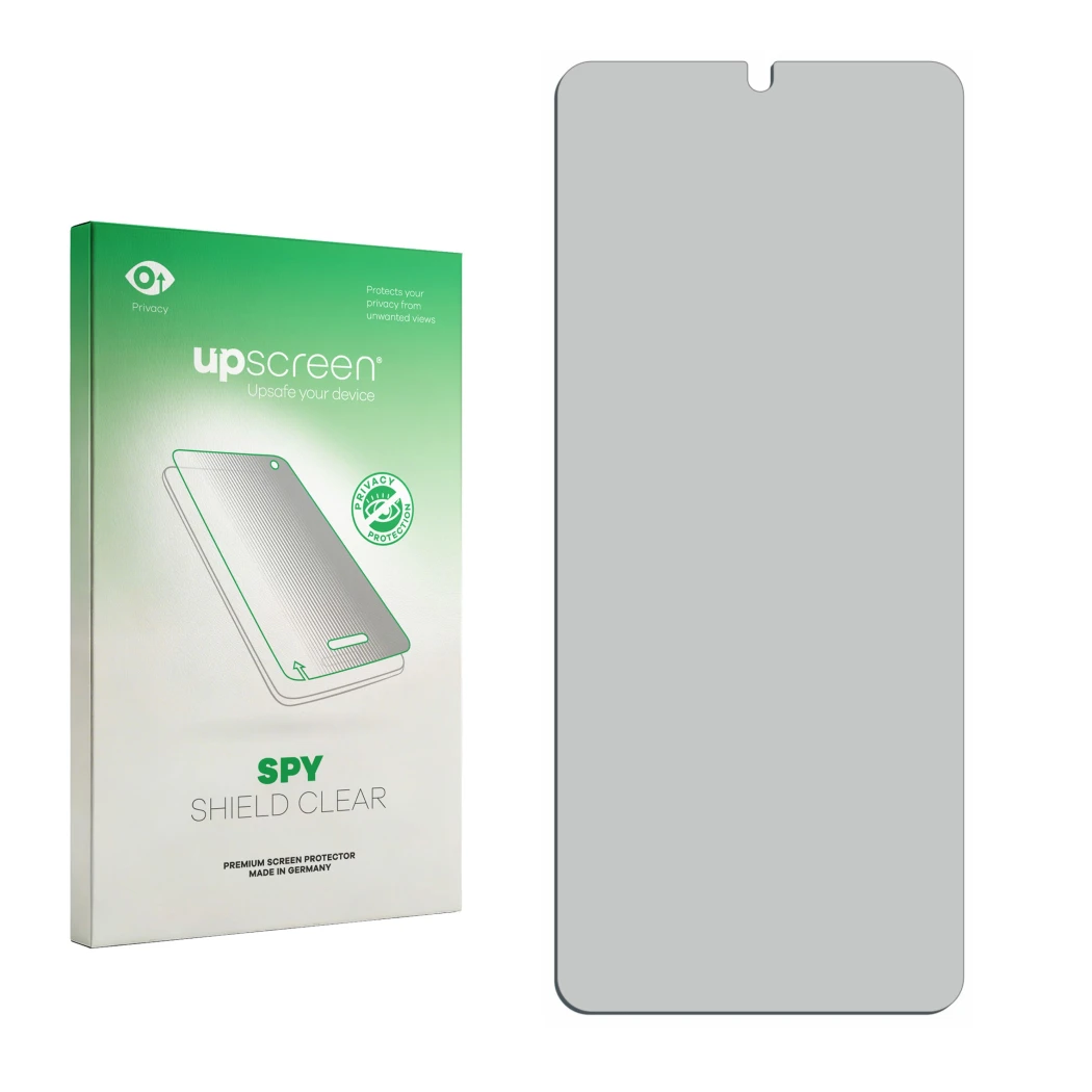 Parte frontal de un envase de producto con el logotipo de la marca upscreen. Al lado está el protector de pantalla correspondi
