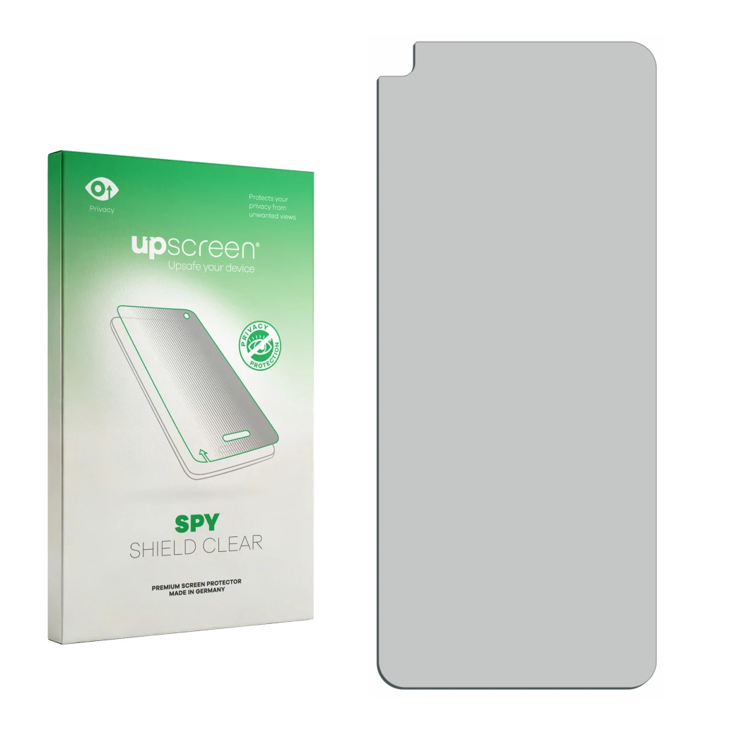 Parte frontal de un envase de producto con el logotipo de la marca upscreen. Al lado está el protector de pantalla correspondi