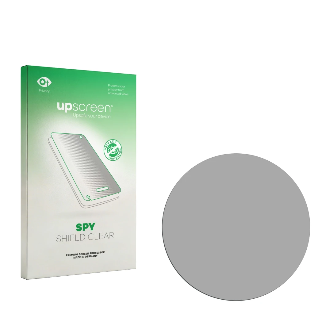 Parte frontal de un envase de producto con el logotipo de la marca upscreen. Al lado está el protector de pantalla correspondi
