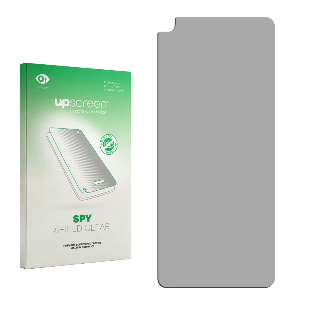 Parte frontal de un envase de producto con el logotipo de la marca upscreen. Al lado está el protector de pantalla correspondi