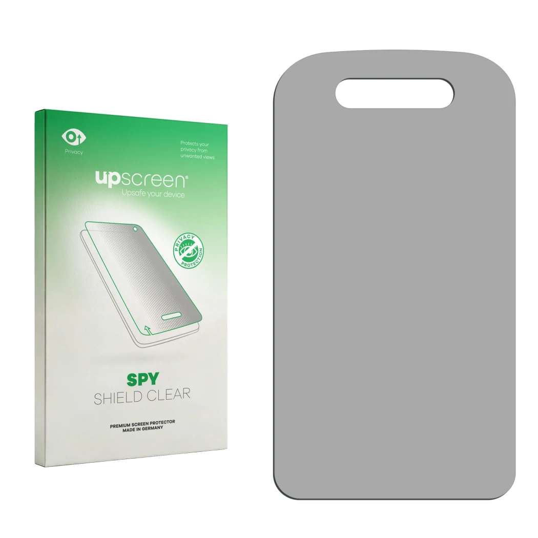 Parte frontal de un envase de producto con el logotipo de la marca upscreen. Al lado está el protector de pantalla correspondi