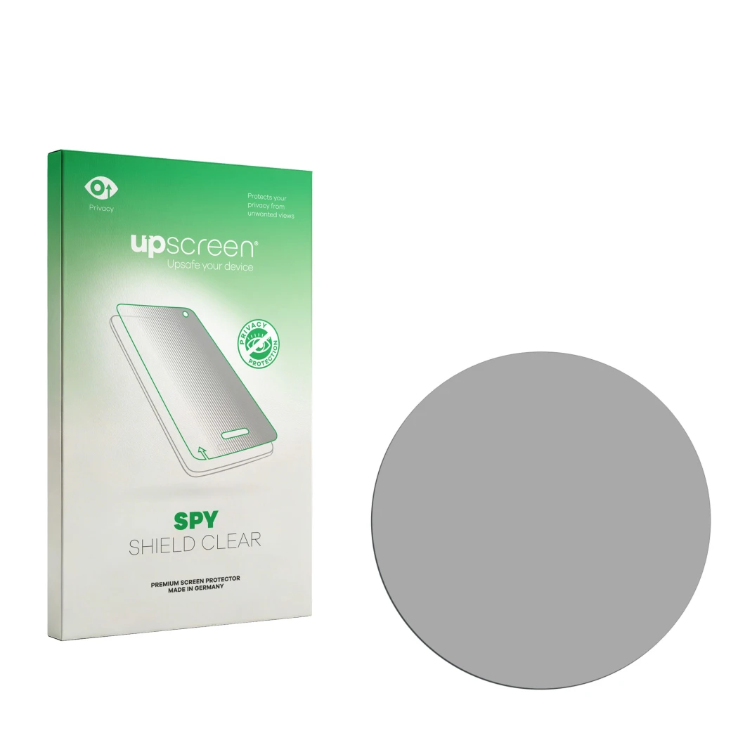 Parte frontal de un envase de producto con el logotipo de la marca upscreen. Al lado está el protector de pantalla correspondi