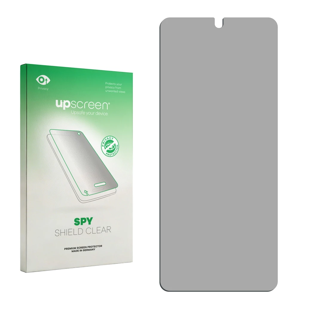 Parte frontal de un envase de producto con el logotipo de la marca upscreen. Al lado está el protector de pantalla correspondi