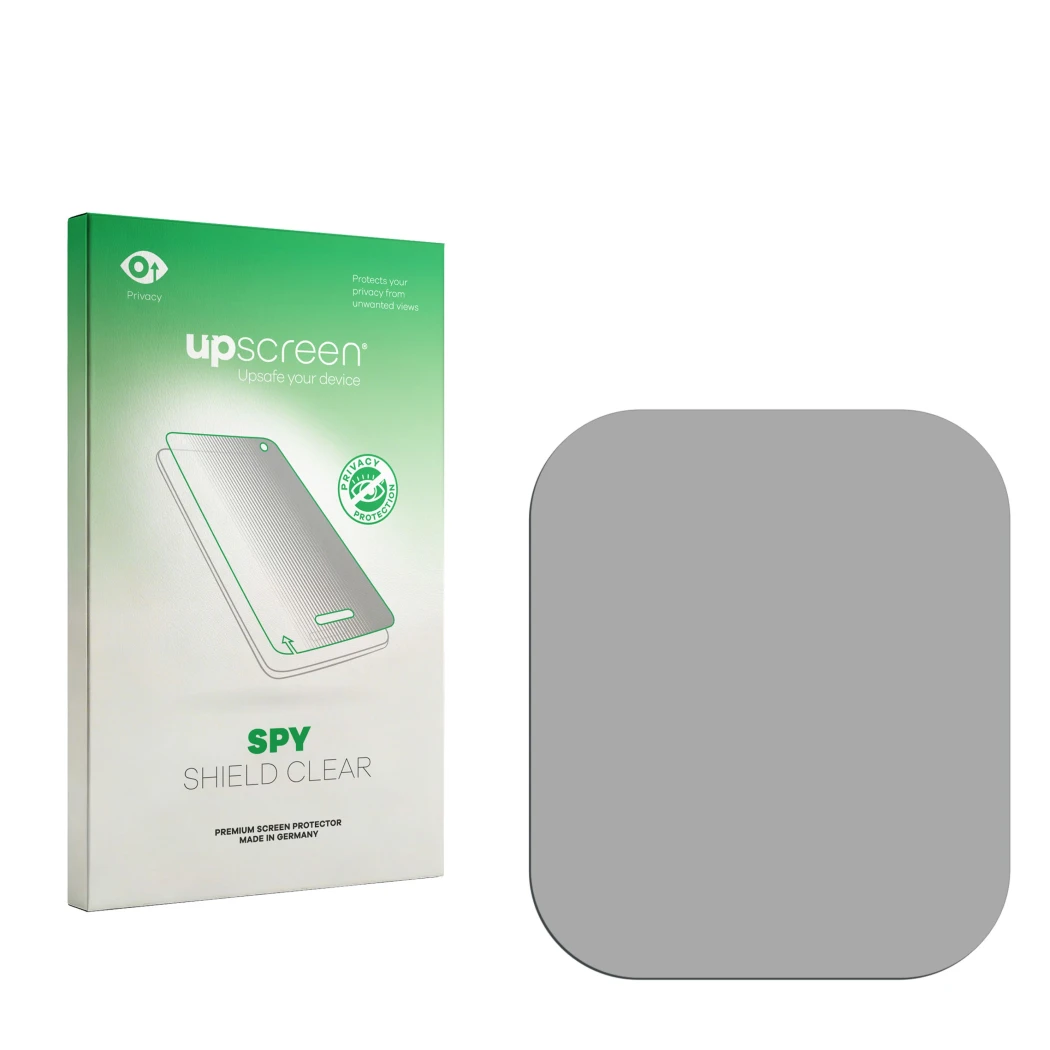 Parte frontal de un envase de producto con el logotipo de la marca upscreen. Al lado está el protector de pantalla correspondi