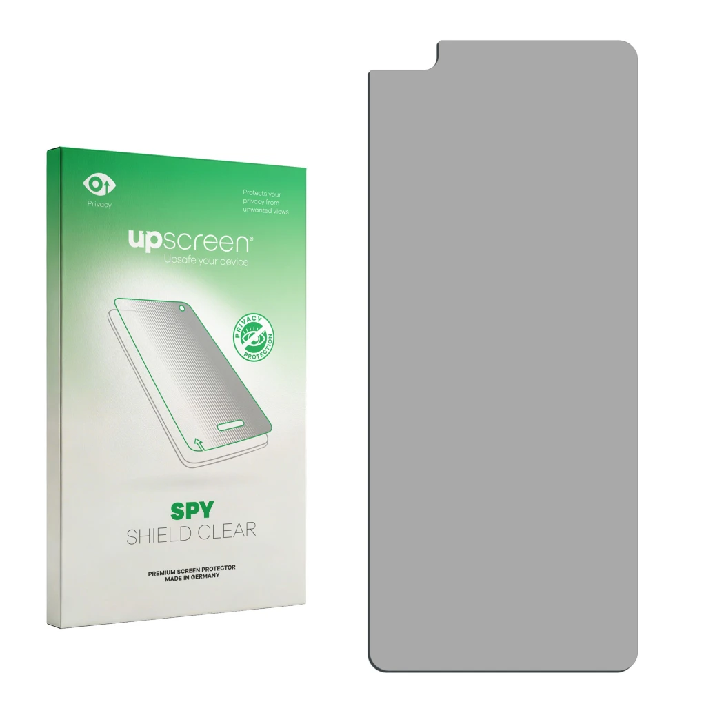 Parte frontal de un envase de producto con el logotipo de la marca upscreen. Al lado está el protector de pantalla correspondi