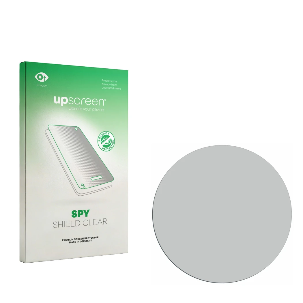 Parte frontal de un envase de producto con el logotipo de la marca upscreen. Al lado está el protector de pantalla correspondi