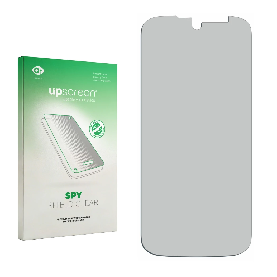 Parte frontal de un envase de producto con el logotipo de la marca upscreen. Al lado está el protector de pantalla correspondi