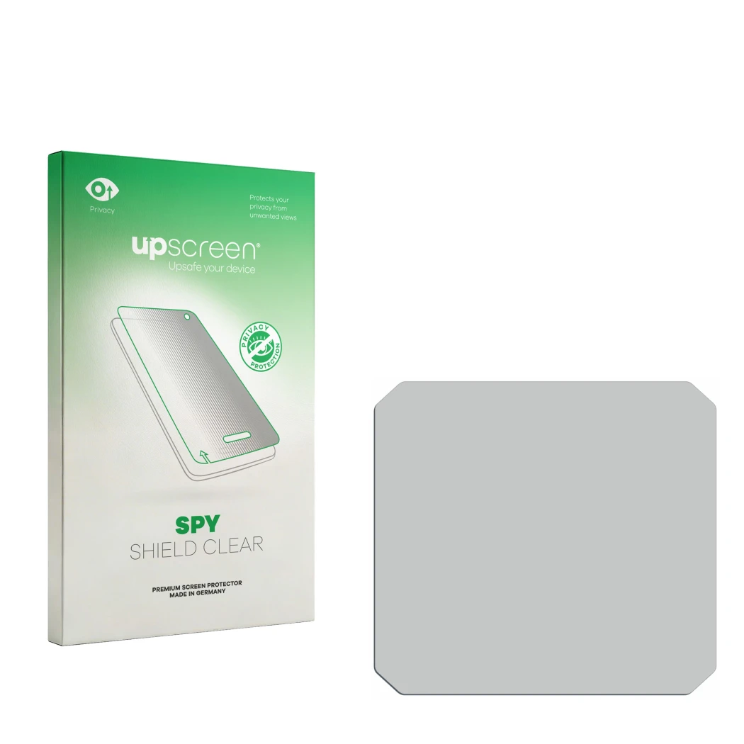 Parte frontal de un envase de producto con el logotipo de la marca upscreen. Al lado está el protector de pantalla correspondi