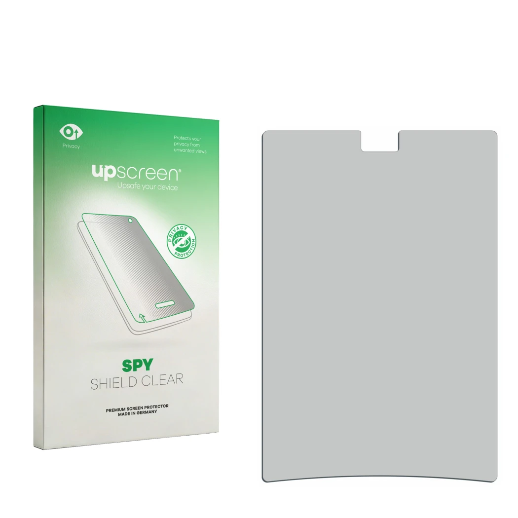 Parte frontal de un envase de producto con el logotipo de la marca upscreen. Al lado está el protector de pantalla correspondi