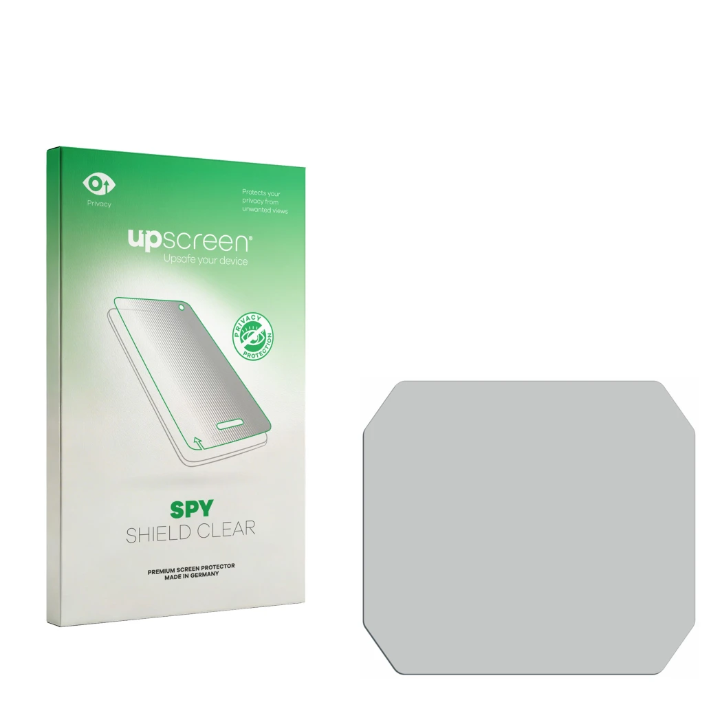 Parte frontal de un envase de producto con el logotipo de la marca upscreen. Al lado está el protector de pantalla correspondi