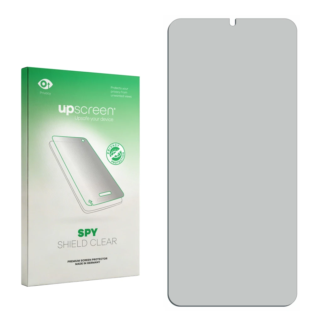 Parte frontal de un envase de producto con el logotipo de la marca upscreen. Al lado está el protector de pantalla correspondi