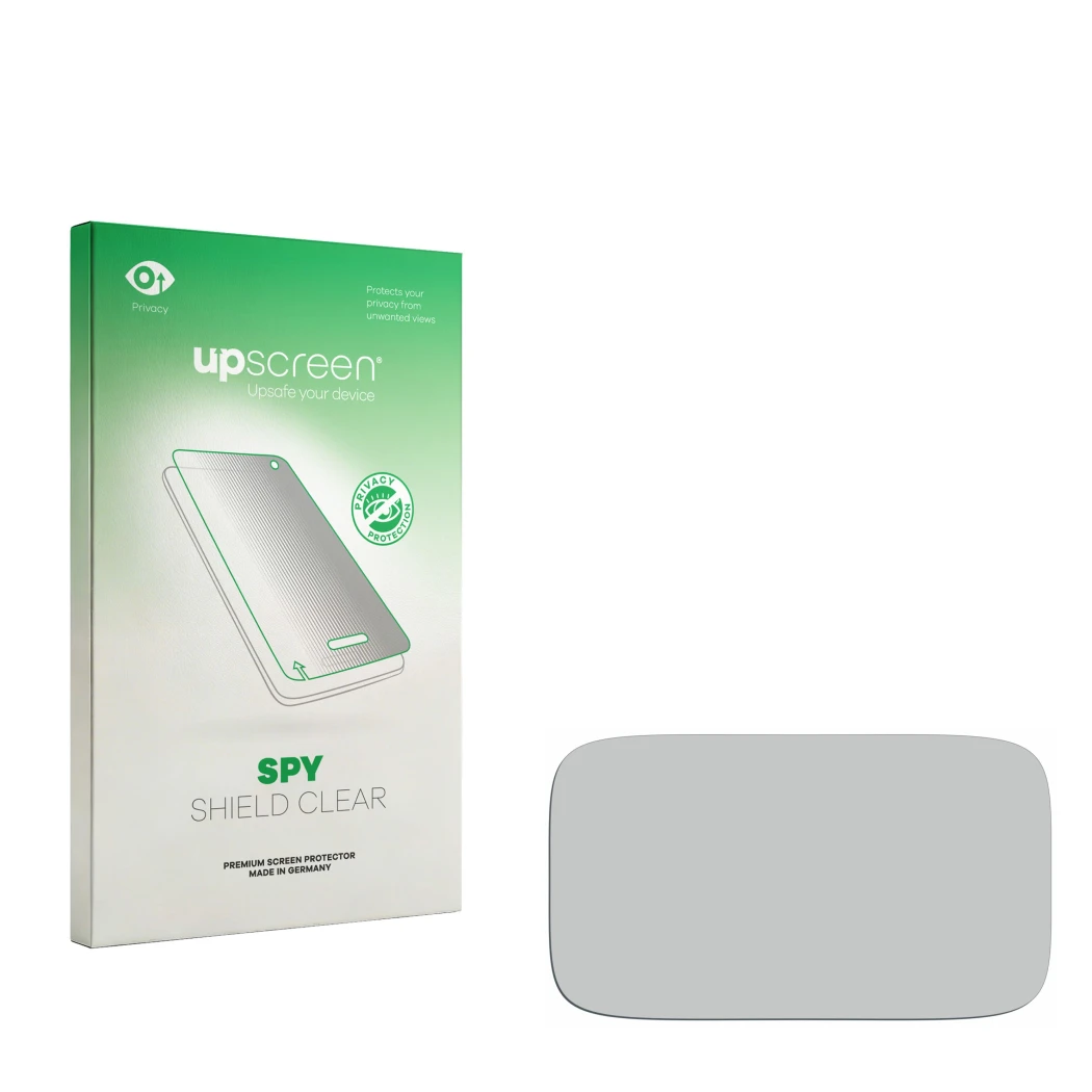 Parte frontal de un envase de producto con el logotipo de la marca upscreen. Al lado está el protector de pantalla correspondi