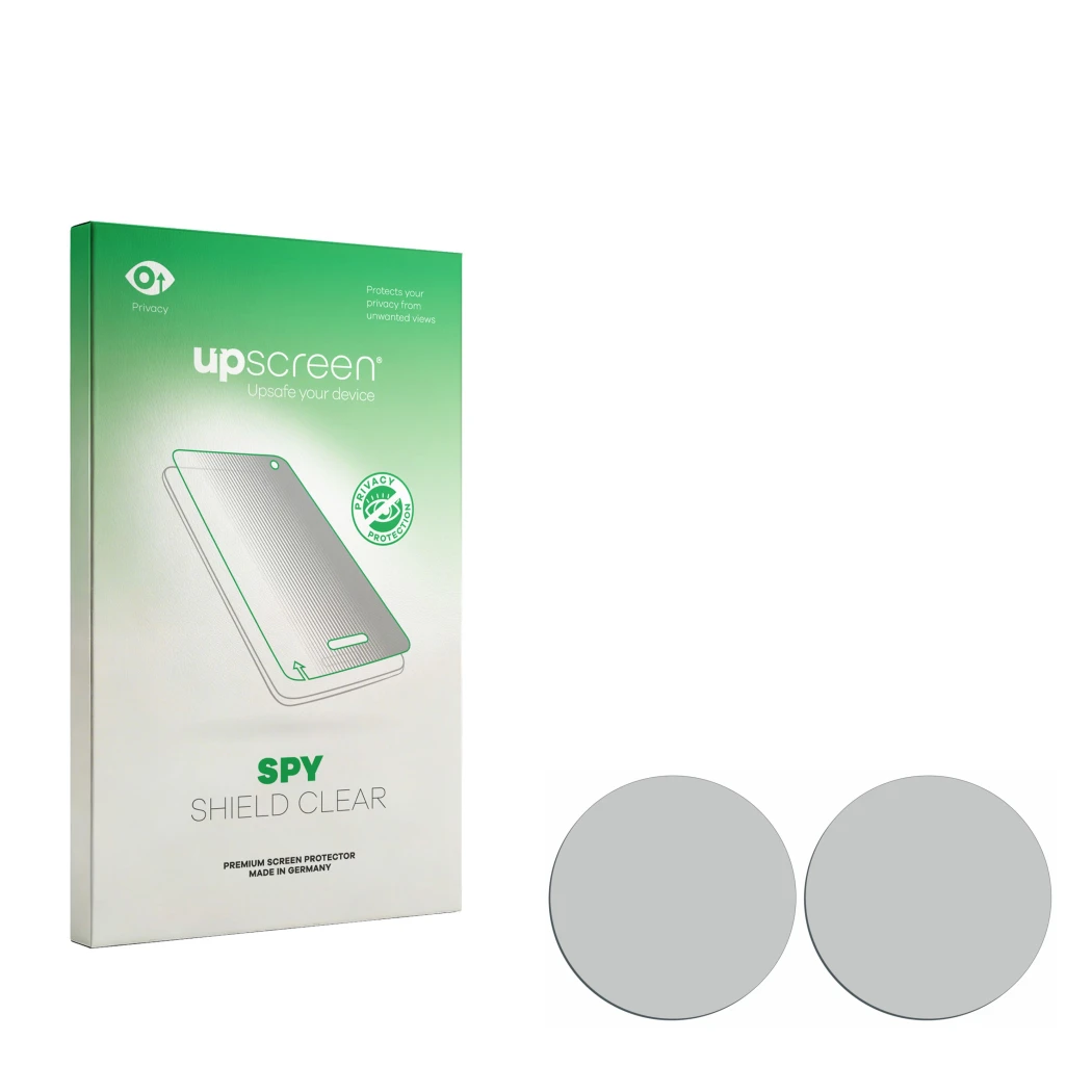 Parte frontal de un envase de producto con el logotipo de la marca upscreen. Al lado está el protector de pantalla correspondi