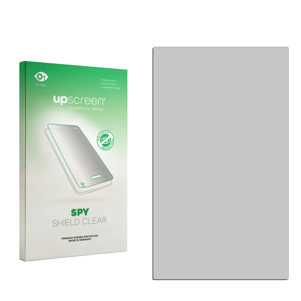 Parte frontal de un envase de producto con el logotipo de la marca upscreen. Al lado está el protector de pantalla correspondi
