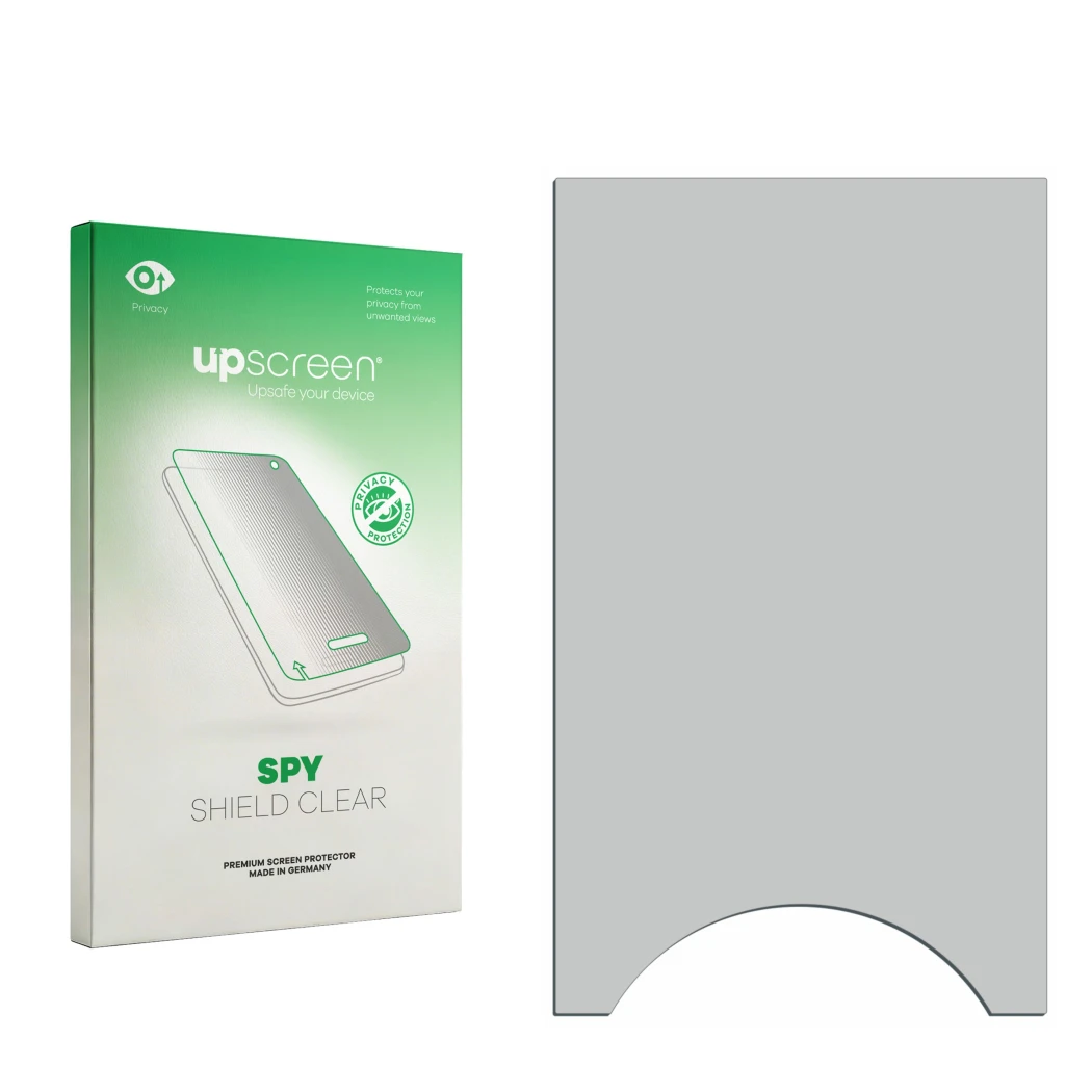Parte frontal de un envase de producto con el logotipo de la marca upscreen. Al lado está el protector de pantalla correspondi