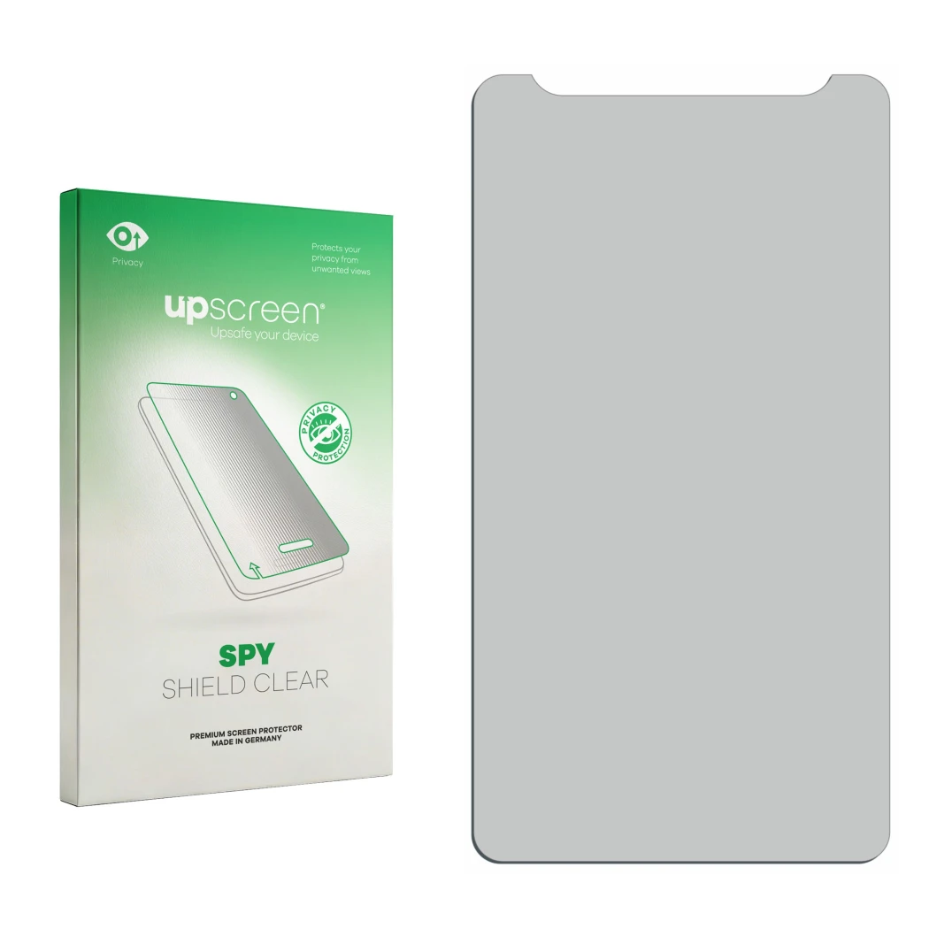 Parte frontal de un envase de producto con el logotipo de la marca upscreen. Al lado está el protector de pantalla correspondi