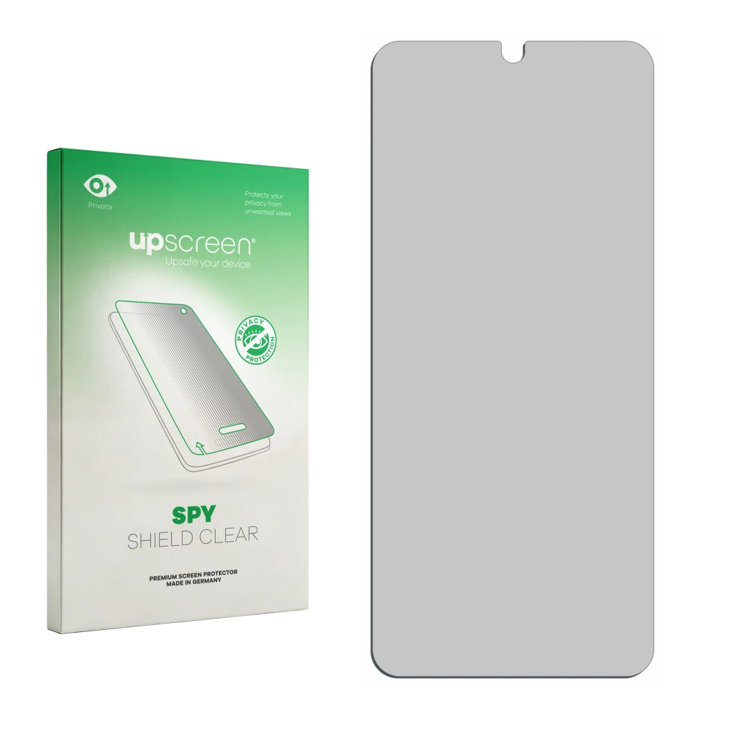 Parte frontal de un envase de producto con el logotipo de la marca upscreen. Al lado está el protector de pantalla correspondi