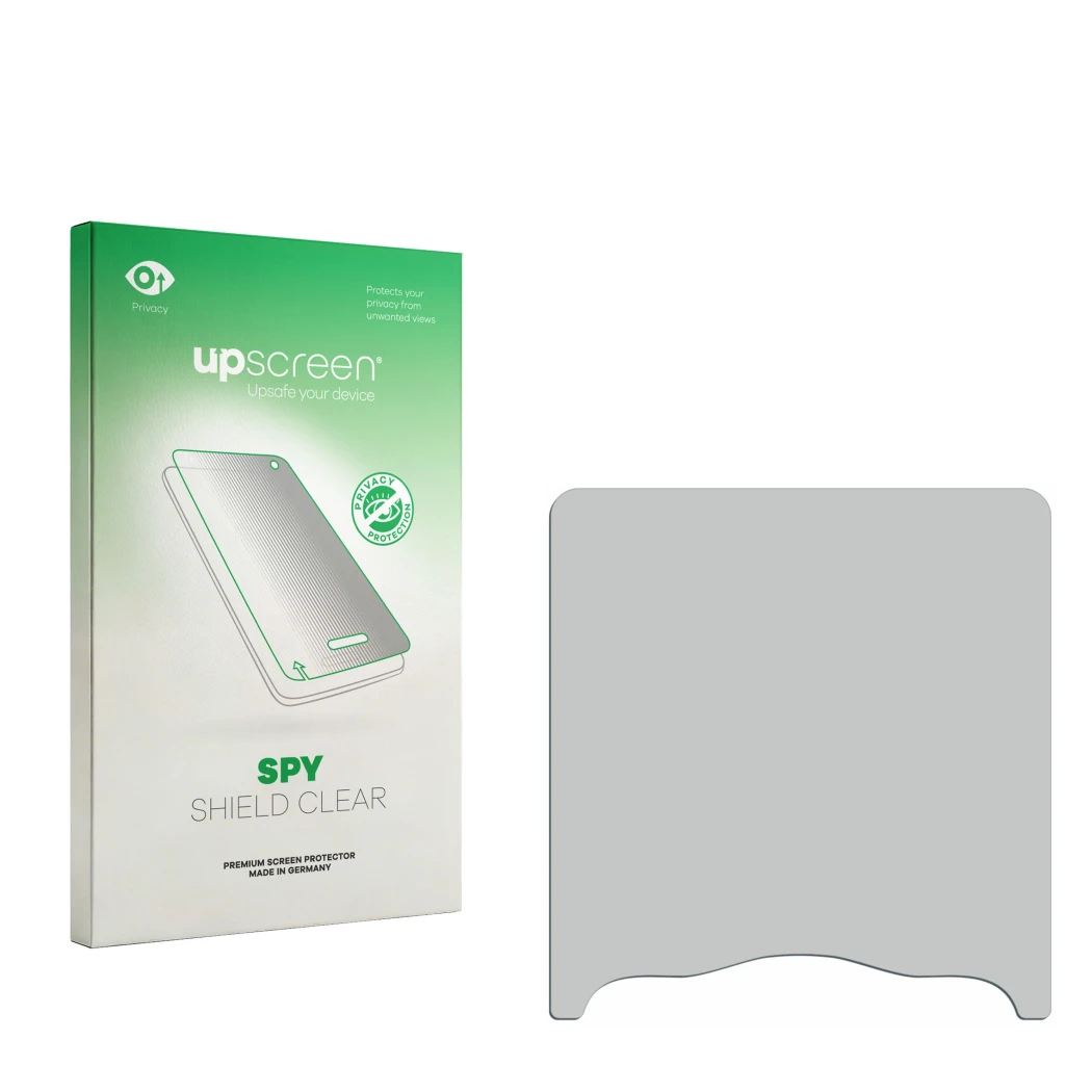 Parte frontal de un envase de producto con el logotipo de la marca upscreen. Al lado está el protector de pantalla correspondi