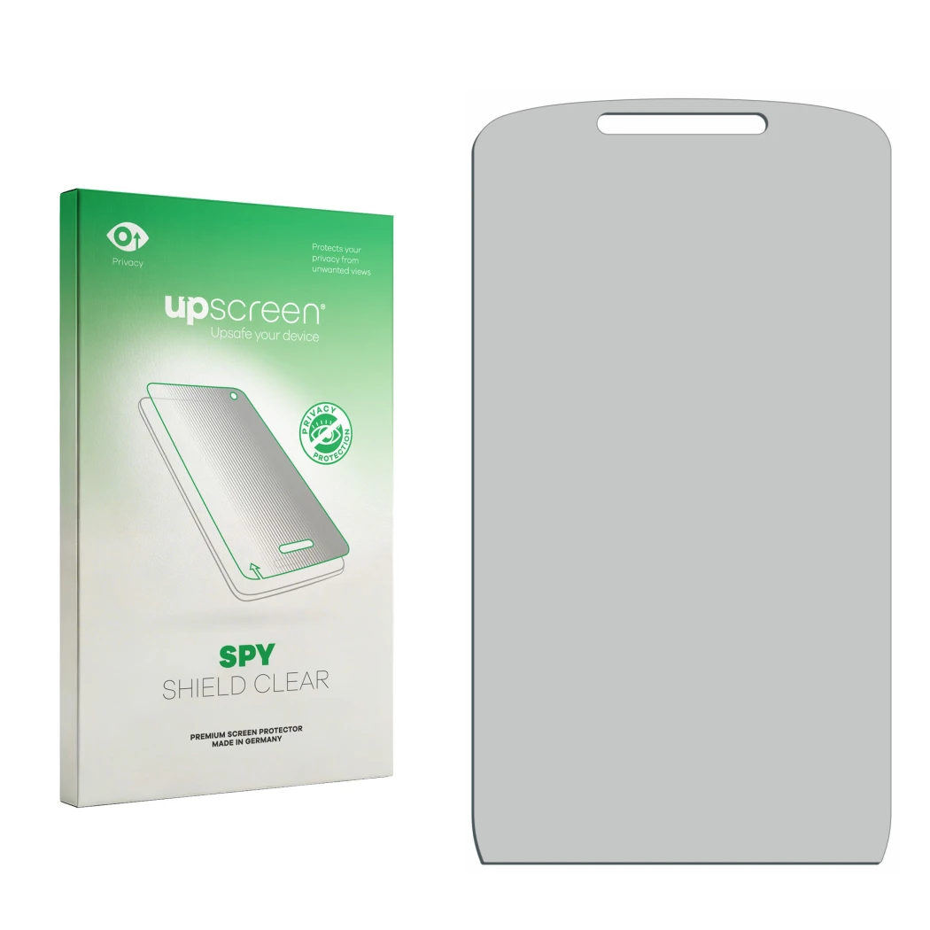 Parte frontal de un envase de producto con el logotipo de la marca upscreen. Al lado está el protector de pantalla correspondi