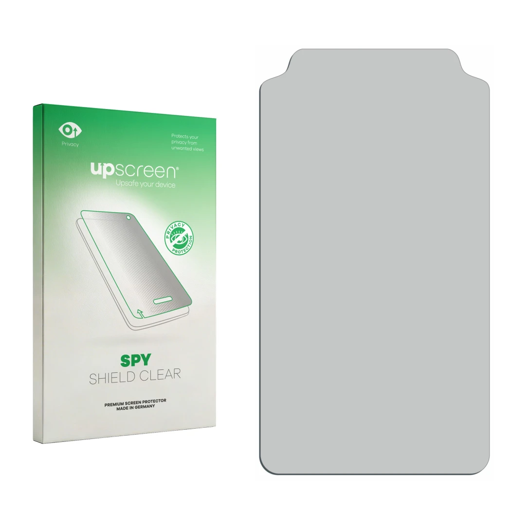 Parte frontal de un envase de producto con el logotipo de la marca upscreen. Al lado está el protector de pantalla correspondi