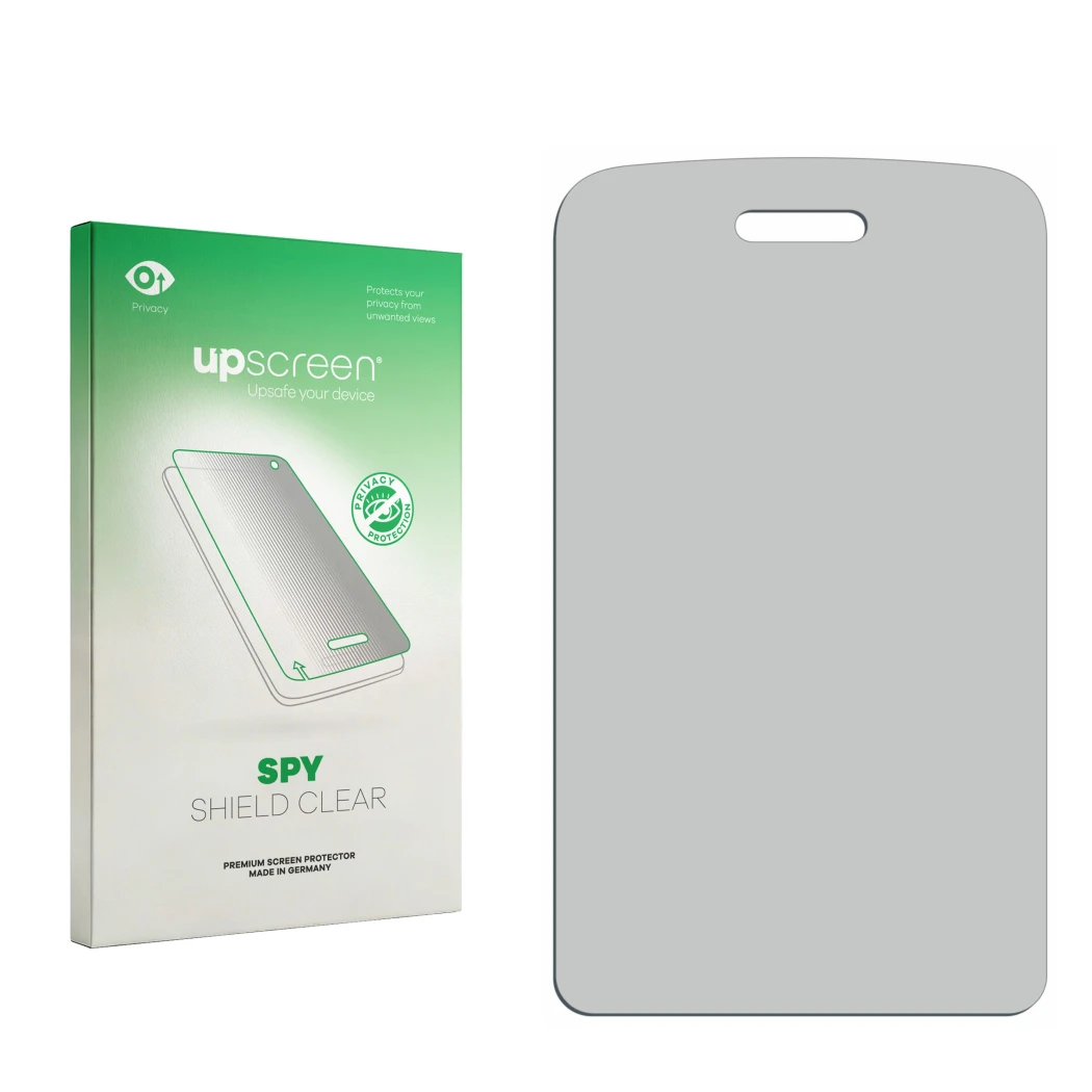 Parte frontal de un envase de producto con el logotipo de la marca upscreen. Al lado está el protector de pantalla correspondi