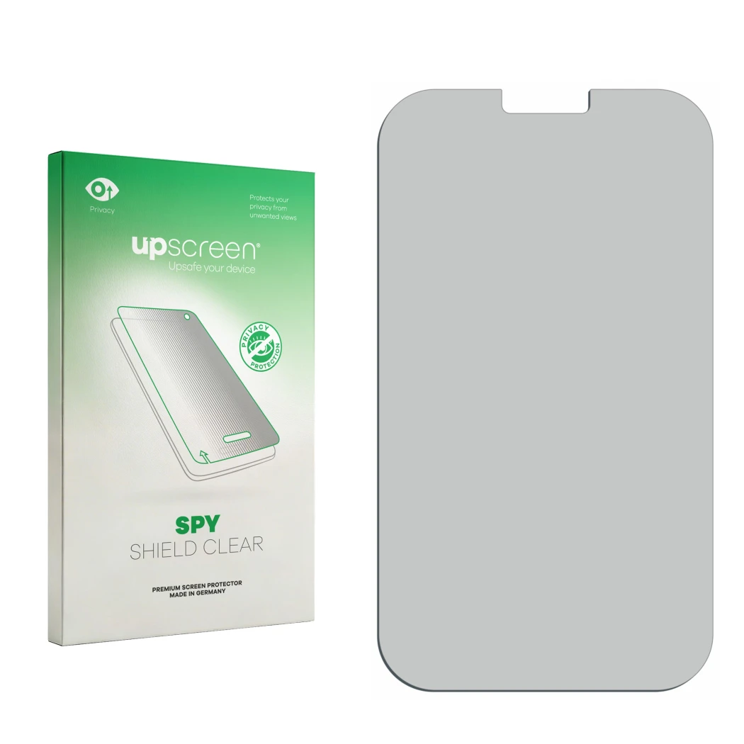 Parte frontal de un envase de producto con el logotipo de la marca upscreen. Al lado está el protector de pantalla correspondi