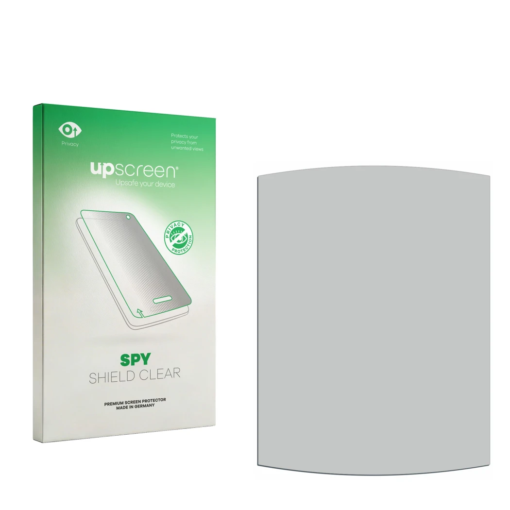 Parte frontal de un envase de producto con el logotipo de la marca upscreen. Al lado está el protector de pantalla correspondi